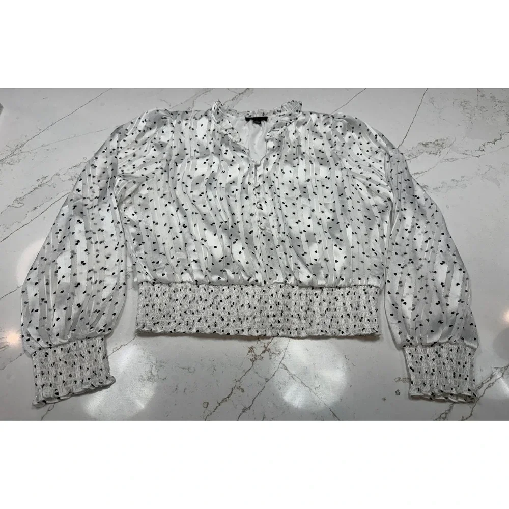 Tamara H Womens Heart Print Long Sleeve Smocked Waist Blouse Top‎ Size L